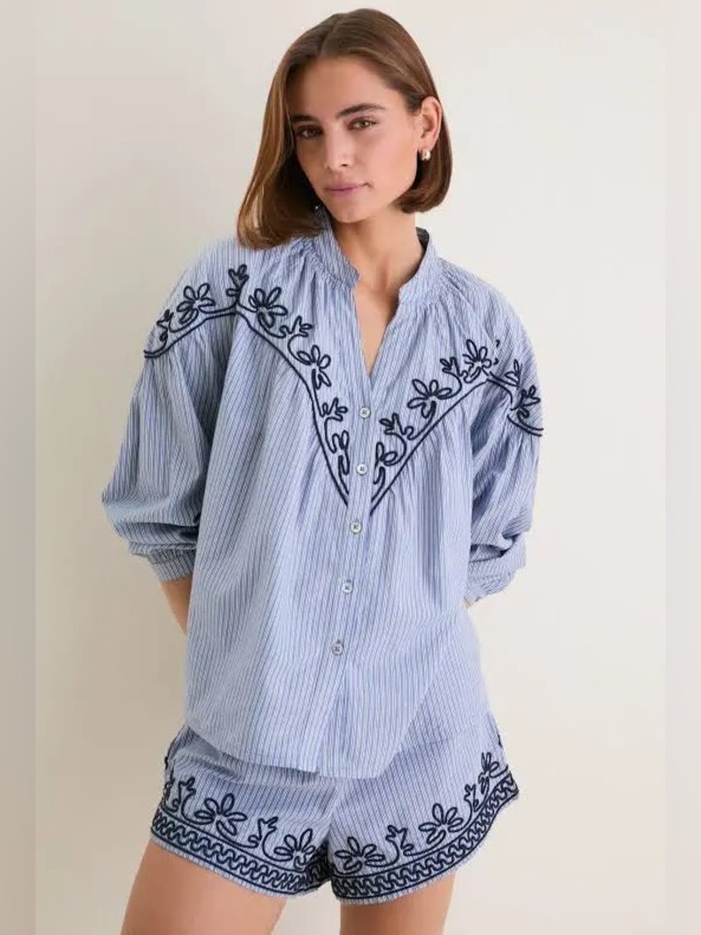 Tuckernuck Soutache Embroidered Jacques Blouse & Ava Shorts Set in Blue/White, M